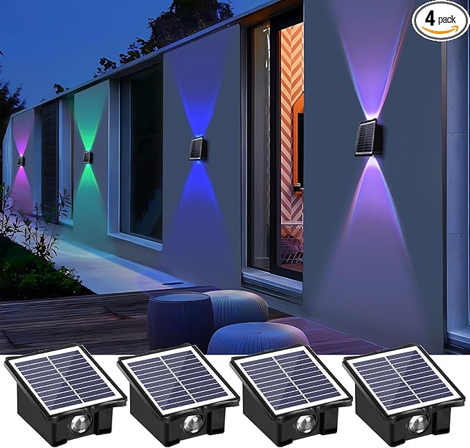 2LEDs Multi-Color Solar Wall Lights, Up and Down Lighting Solar Outdoor Light Waterproof IP65, Solar Fence Light for Yard Garden Garage (4 Pack)-VerdiqueGarden