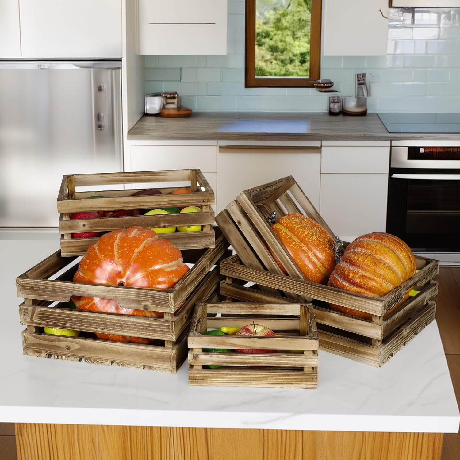 Set of 5 Large Wooden Crates, Nesting Storage Crate with Handles, Rustic Torched Brown Farmhouse Wooden Crates for Display, Wedding Birthday Home Party Living Room Kitchen Decoration-VerdiqueGarden