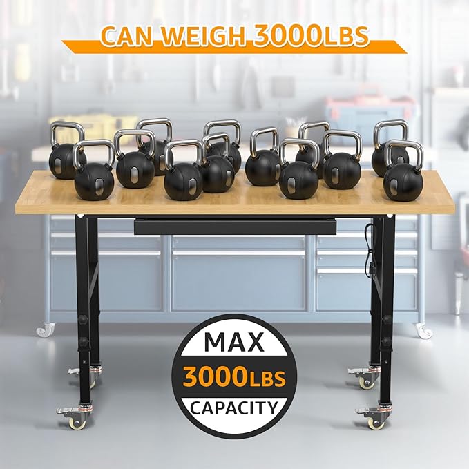 60" Adjustable Workbench,Heavy-Duty Work Table,3000 LBS Load Capacity Particleboard Hardwood Workstation Outlets with Power Strips, Drawers and Wheels,for Workshop, Garage-VerdiqueGarden