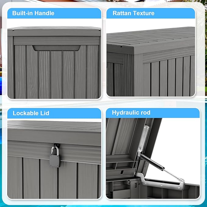 180 Gallon Deck Box,Resin Outdoor Storage Box with Lockable for Patio Furniture, Pool Accessories, Garden Tools Waterproof Outside Storage Box, Grey-VerdiqueGarden