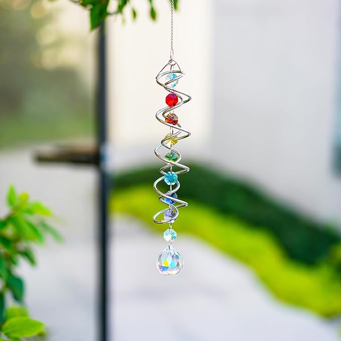 H&D HYALINE & DORA Sun Catchers for Windows,Crystal Sun Catcher with Seven Chakra Beads,Decorative Wind Spinner Tail Suncatcher for Indoor Christmas Decoration17.7in-VerdiqueGarden