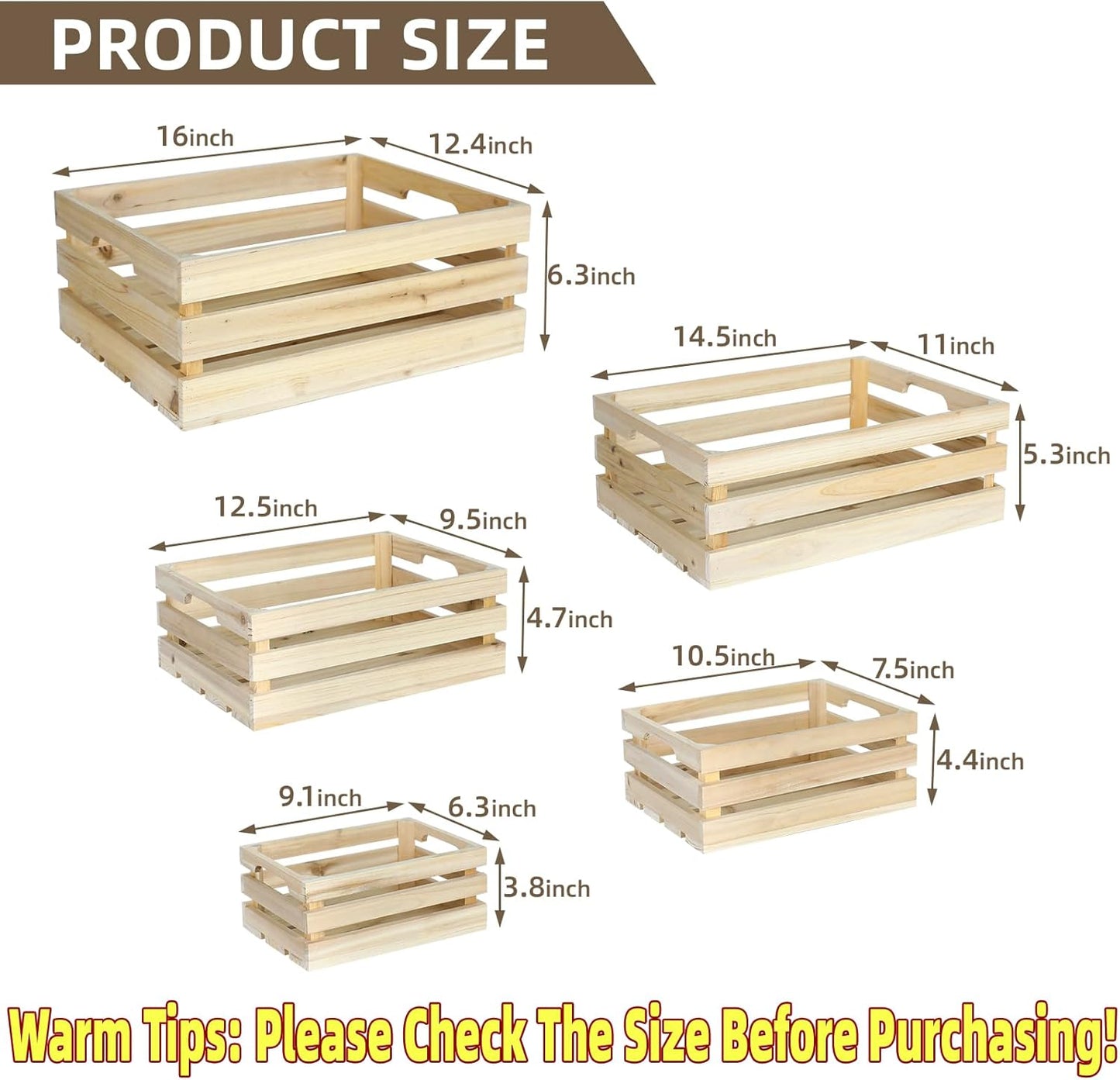 Wooden Crates, Unfinished Set of 5 Large Wood Crates with Handles, Rustic Farmhouse Wooden Crate for Decor, Wedding Birthday Home Party Living Room Kitchen Decoration-VerdiqueGarden