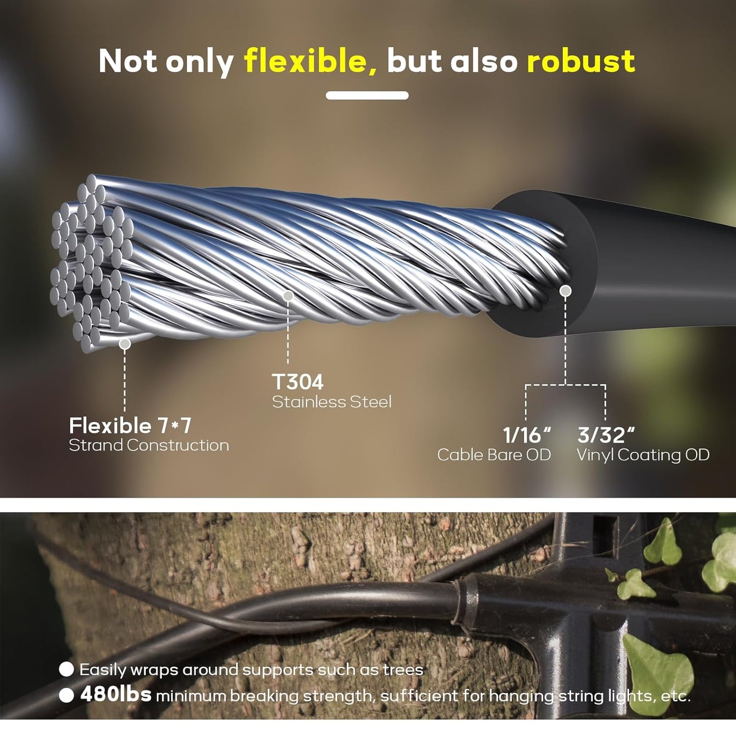 Vinyl Coated Wire Rope 1/16 Inch Overmolded to 3/32 Inch, 1000FT 304 Stainless Steel Cable with 300 Pcs Crimping Sleeves for String Light Hanging Kit, Clotheslines and Trellis Wire-VerdiqueGarden