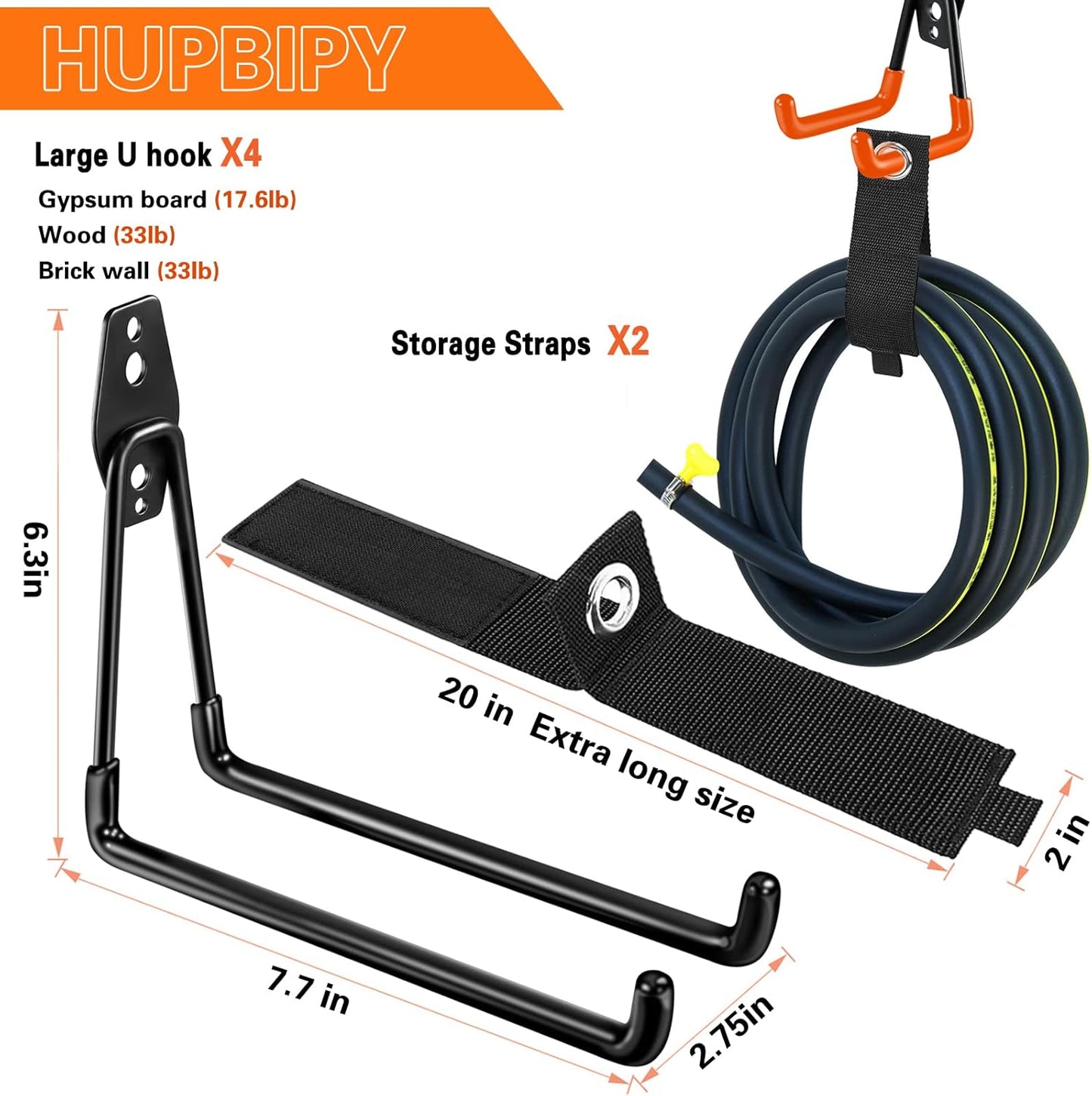 Heavy Duty Garage Hooks 4 Pack, 7.7 inch U Shaped Long Hanger, with 2 Extension Cord Holder Organizer, Wall Mounted Storage System, for Power and Garden Tool Hanging， Ladders, Bikes, Hose-VerdiqueGarden