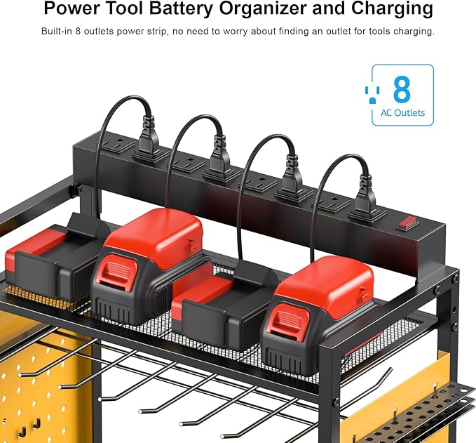 CCCEI Garage Power Tools Organizer Cart with Charging Station, Black Floor Standing Rolling Drill and Tools Battery Storage Cart on Wheels. Yellow Utility Rack Gift for Men, Husband, Father.-VerdiqueGarden