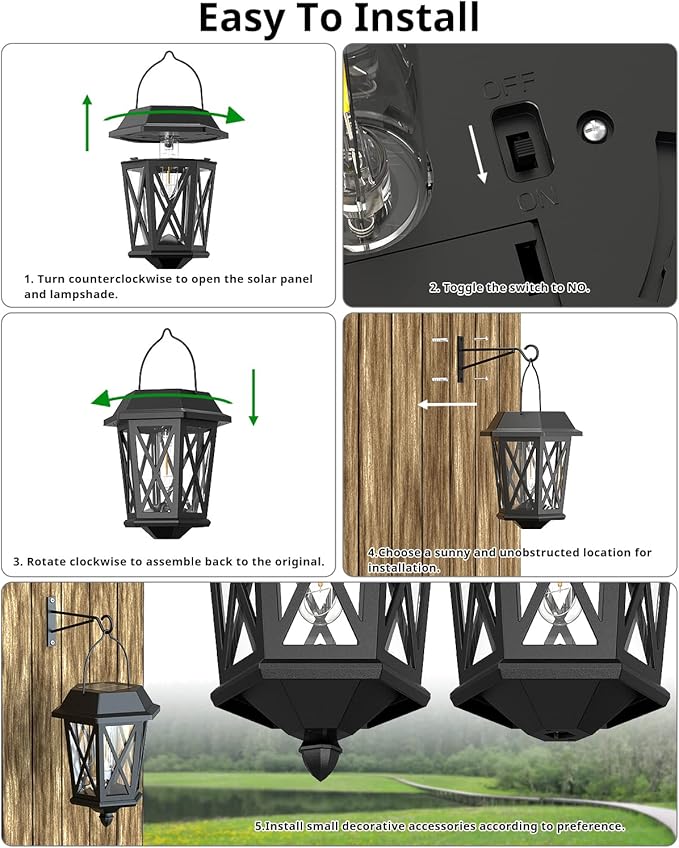 Solar Lanterns Outdoor Waterproof, Hanging Solar Lights with Glass Shade - 2 Pack LED Metal Wall Mount Outdoor Light for Yard/Garden/Patio - Black-VerdiqueGarden