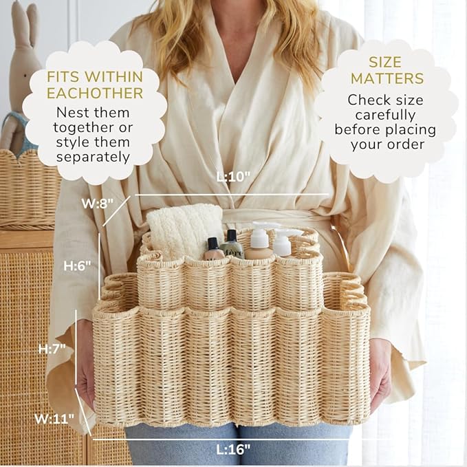 BEBE BASK Unique Wavy Scalloped Basket Set Of 2 - Scallop Basket - 16 x 10 x 7 In - Hand-Woven Elegant Wicker With Scalloped Edge Lid - Nursery Storage - (Earthy)-VerdiqueGarden