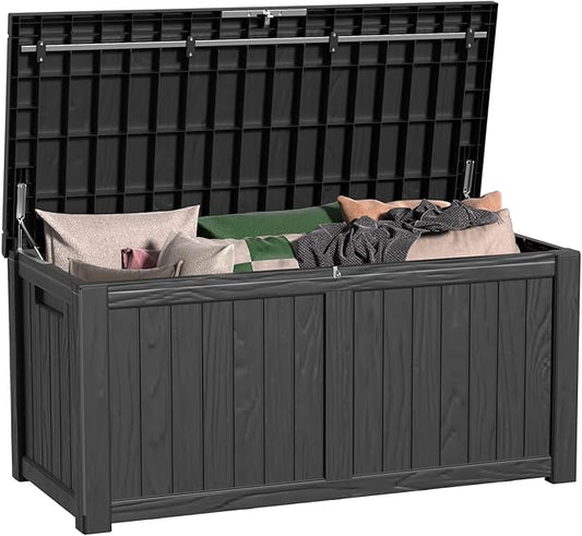 120 Gallon Outdoor Deck Box,Storage Lockable Waterproof Patio Furniture,Garden Tools,Cushions,Pool Accessories Outside Storage Resin Box(Black)-VerdiqueGarden