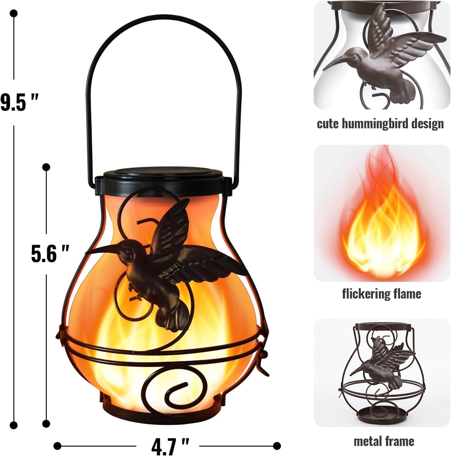 2 Pack Solar Lanterns Outdoor Waterproof Flickering Flame Lights Hummingbird Metal Hanging Solar Lantern Patio Porch Garden Decoration-VerdiqueGarden
