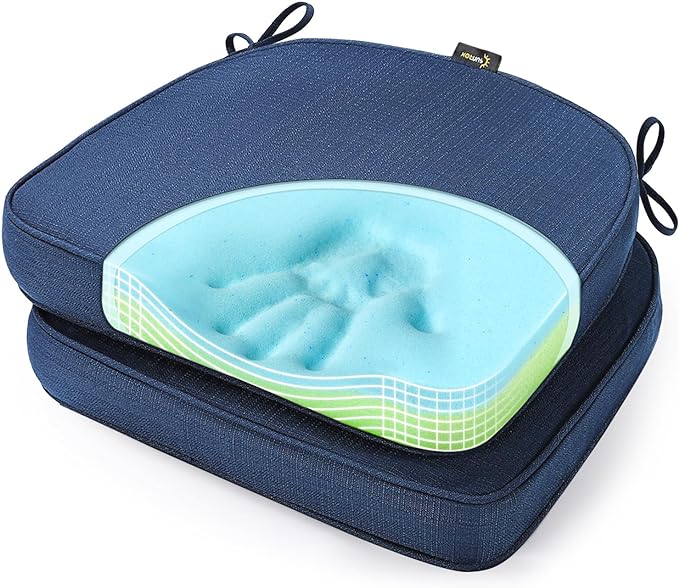 SUNROX Gel Memory Foam Chair Cushions, FadeShield Water-, Stain-Resistant Durable Reversible Seat Cushion Pads with Ties for Indoor/Outdoor Kitchen Dining Office 17"x16" Set of 2, Navy-VerdiqueGarden