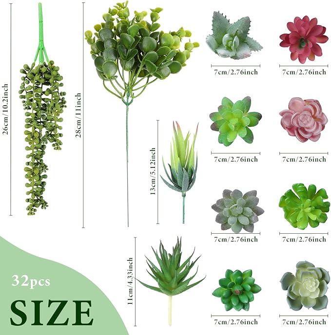 Therwen 32 Pcs Summer Artificial Succulents Plants Fake Realistic Faux Succulents Fake Plant Artificial Plant Home Decor for Outdoor Indoor Garden Office Summer Decorations-VerdiqueGarden