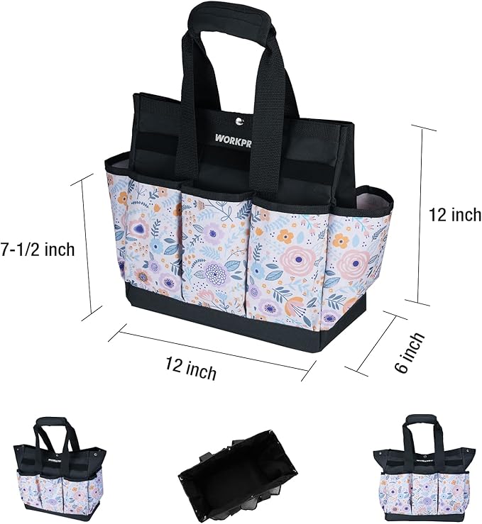 WORKPRO Garden Tool Bag, 9 Pockets Gardening Bag, Heavy Duty Oxford Garden Tote Caddy (Tools NOT Included), 12" x 12" x 6" (Floral White)-VerdiqueGarden