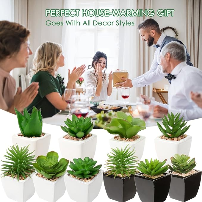 Hollyone Succulents Plants Artificial 4Pcs Small Fake Succulents in Pots Faux Plastic Potted Plants with White Ceramic Pot for Home Decor Office Desk Bathroom Shelf Indoor & Outdoor Decoration-VerdiqueGarden