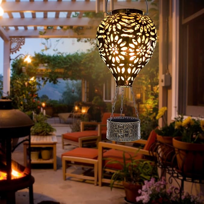 Hot Air Balloon Solar Lantern,Hanging Lantern Outdoor Waterproof Decorative Metal LED Solar Lights for Trees Patio Garden Yard Porch Decor, Gold-VerdiqueGarden