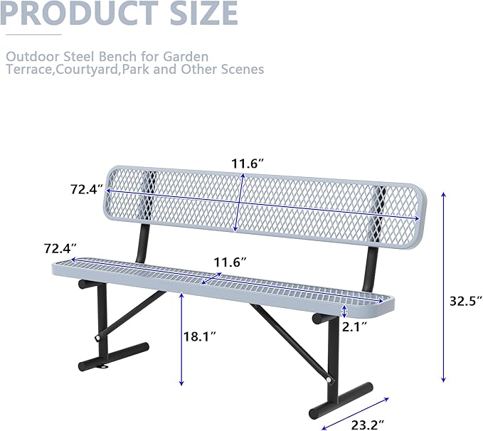 Heavy Duty Park Bench with Back Portable Frame, Outdoor Steel Bench with Backrest, Outdoor Park Bench Expanded Metal Mesh Bench for Lawn, Park, Deck, Garden, Patio, Porch, Black (Gray, 8FT)-VerdiqueGarden
