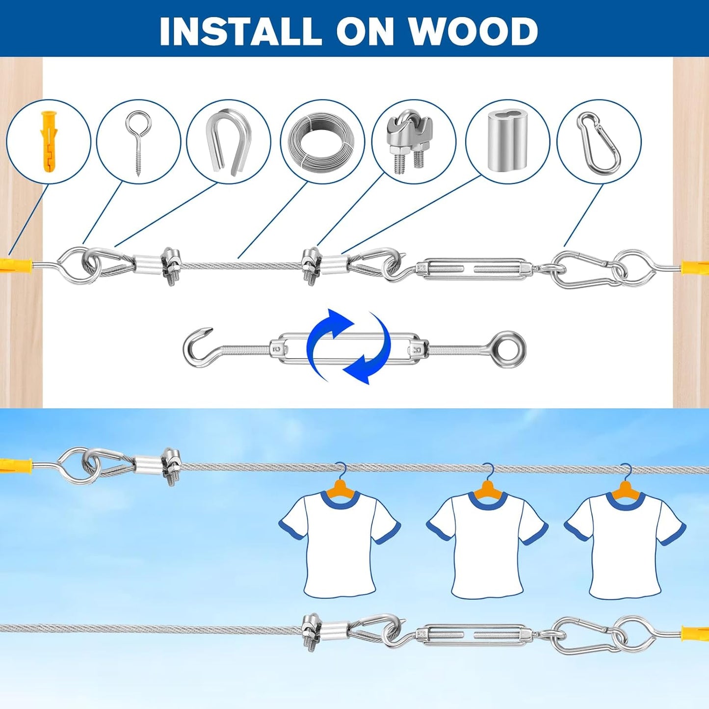 220FT 1/8" Wire Rope Kit - 304 Stainless Steel Cable with Turnbuckles for Cables Wire, Vinyl Coated Hanging Wire for Outdoor String Lights, Camping, Garden Trellis, Hanging Clothes, Pictures, Curtain-VerdiqueGarden