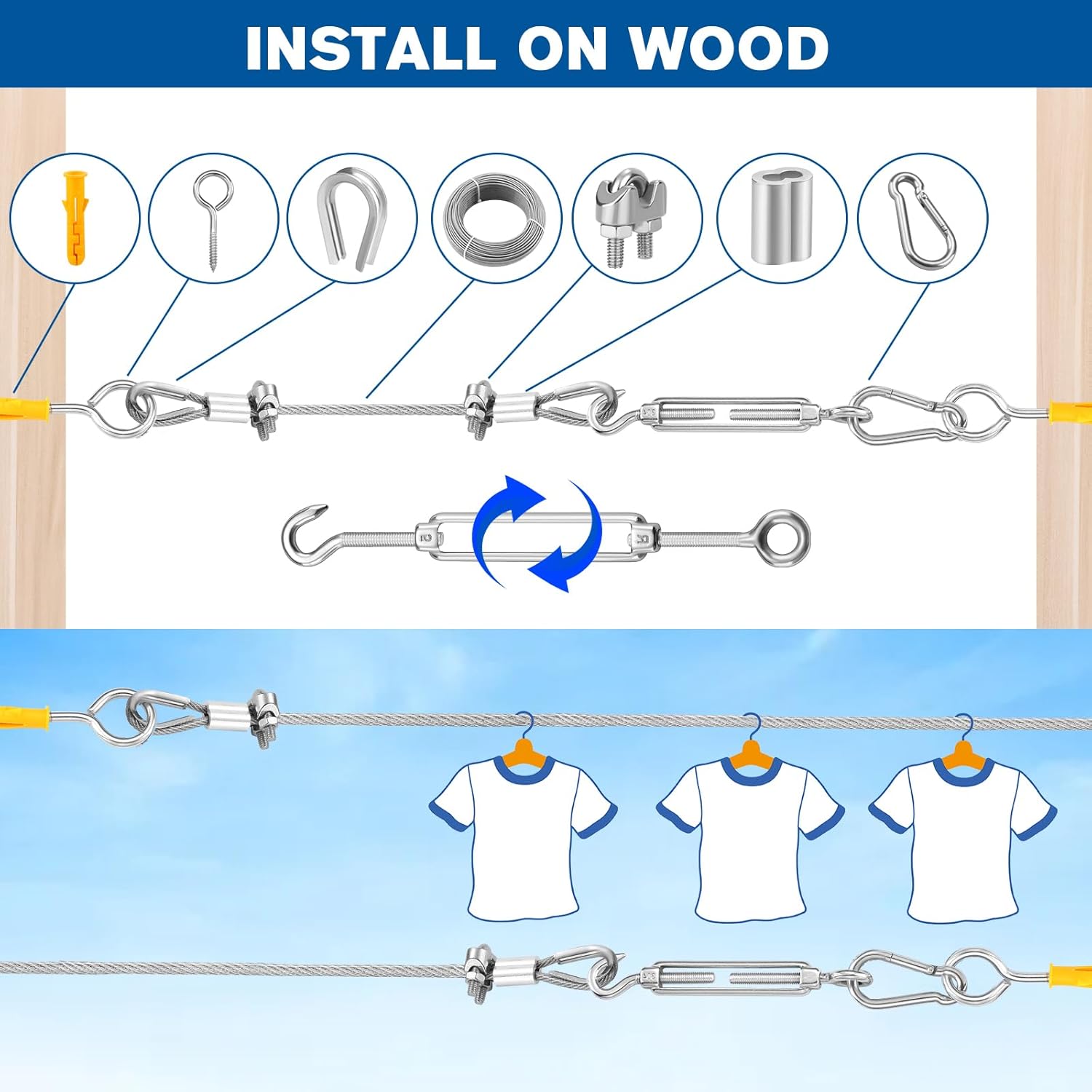 220FT 1/8" Wire Rope Kit - 304 Stainless Steel Cable with Turnbuckles for Cables Wire, Vinyl Coated Hanging Wire for Outdoor String Lights, Camping, Garden Trellis, Hanging Clothes, Pictures, Curtain-VerdiqueGarden