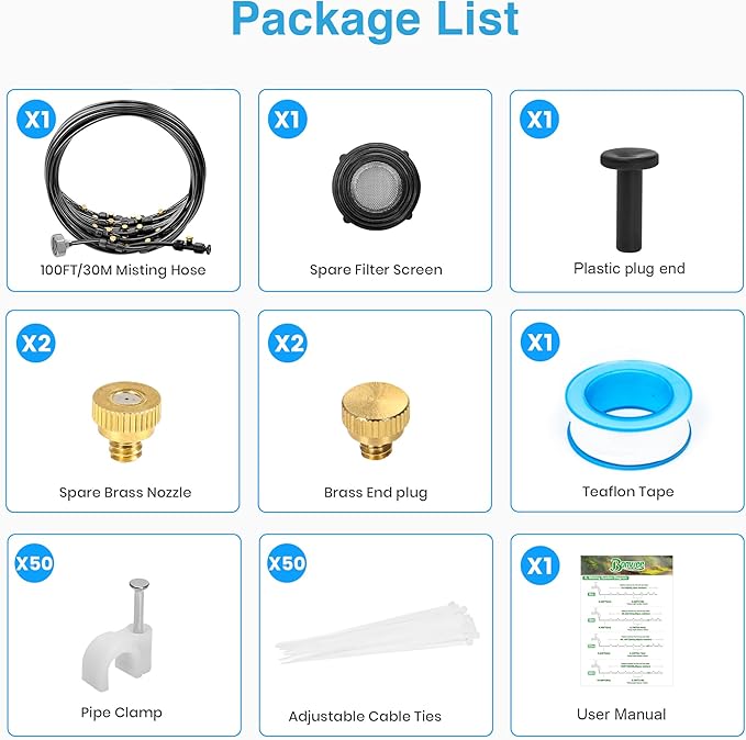 Bonviee Misters for Outside Patio, 100FT Misting Cooling System for Patio, 100FT (30M) Misting Line+28 Mist Nozzles+3/4" Brass Adapter, Pre-Assembled Garden & Greenhouse Watering System-VerdiqueGarden