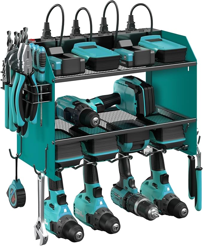 CCCEI Set Power Tool Organizer Wall Mount with Charging Station. Garage 4 Drill Storage Shelf with Hooks, Heavy Duty Metal Tool Battery Charger Organizer. Shop Utility Rack with Power Strip Navy Blue.-VerdiqueGarden