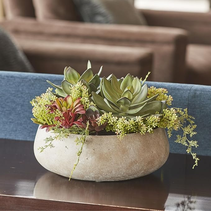 Round Faux Succulent Arrangement, 14" Premium Artificial Indoor Plant Enhances Interior Design, Display on Any Surface in Your Home Adding an Inviting Touch of Nature, Natural Planter Pot Included-VerdiqueGarden