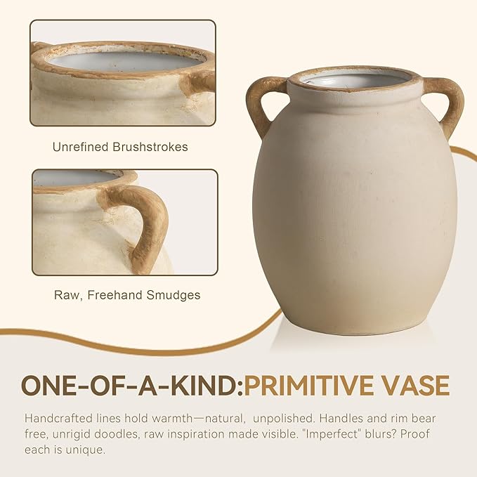 Ceramic Flower Vase 7.6 inch Farmhouse Rustic Vase Decorative Pottery Terracotta Vases for Home Decor Table Mantle Fireplace Living Room Bathroom Wedding Centerpiece-VerdiqueGarden