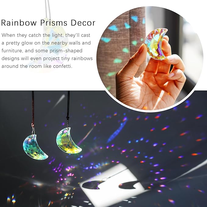 HDCRYSTALGIFTS 2pcs 50mm Crystal Prisms Sun Catchers,Half Moon Drop Hanging Suncatchers for Windows, Rainbow Maker Crystals Decoration-VerdiqueGarden