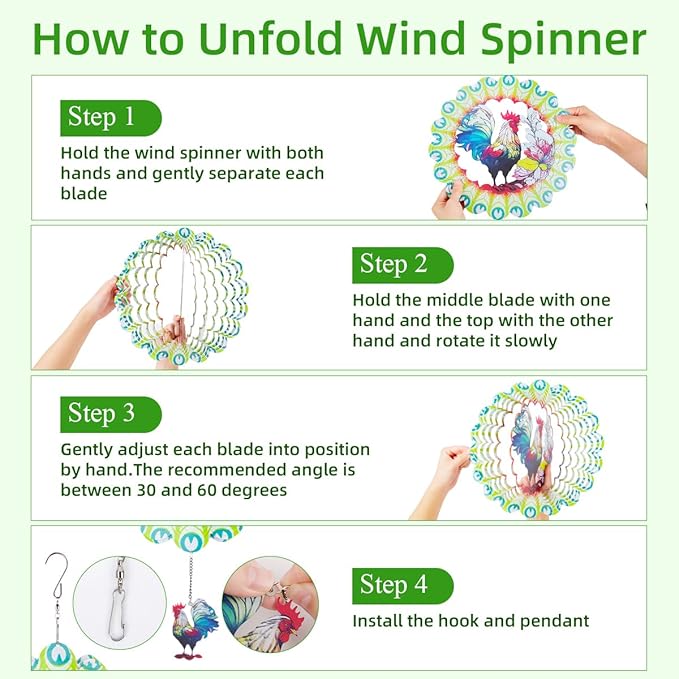 Wind Spinners Outdoor, FACIACC Rooster Metal 3D Hanging Garden Decor, 12-inch Stainless Steel Wind Spinner with Tail Spinner, Wind Sculptures for Indoor Patio Lawn Yard, Ornament Gift for Women/Men-VerdiqueGarden