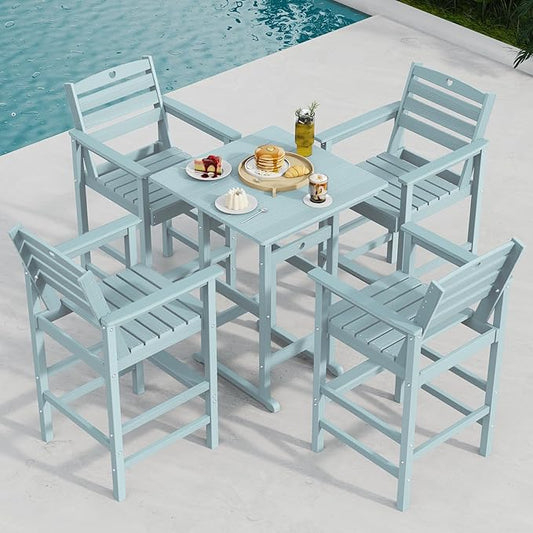 5-Piece Bar Height Outdoor Table and Chairs Set, HDPE Wood Grain Patio Bar Table and Chairs with Heart Cutout Design, Weather-Resistant Bar Height Furniture for Deck, Porch, Pool (Light Blue)-VerdiqueGarden