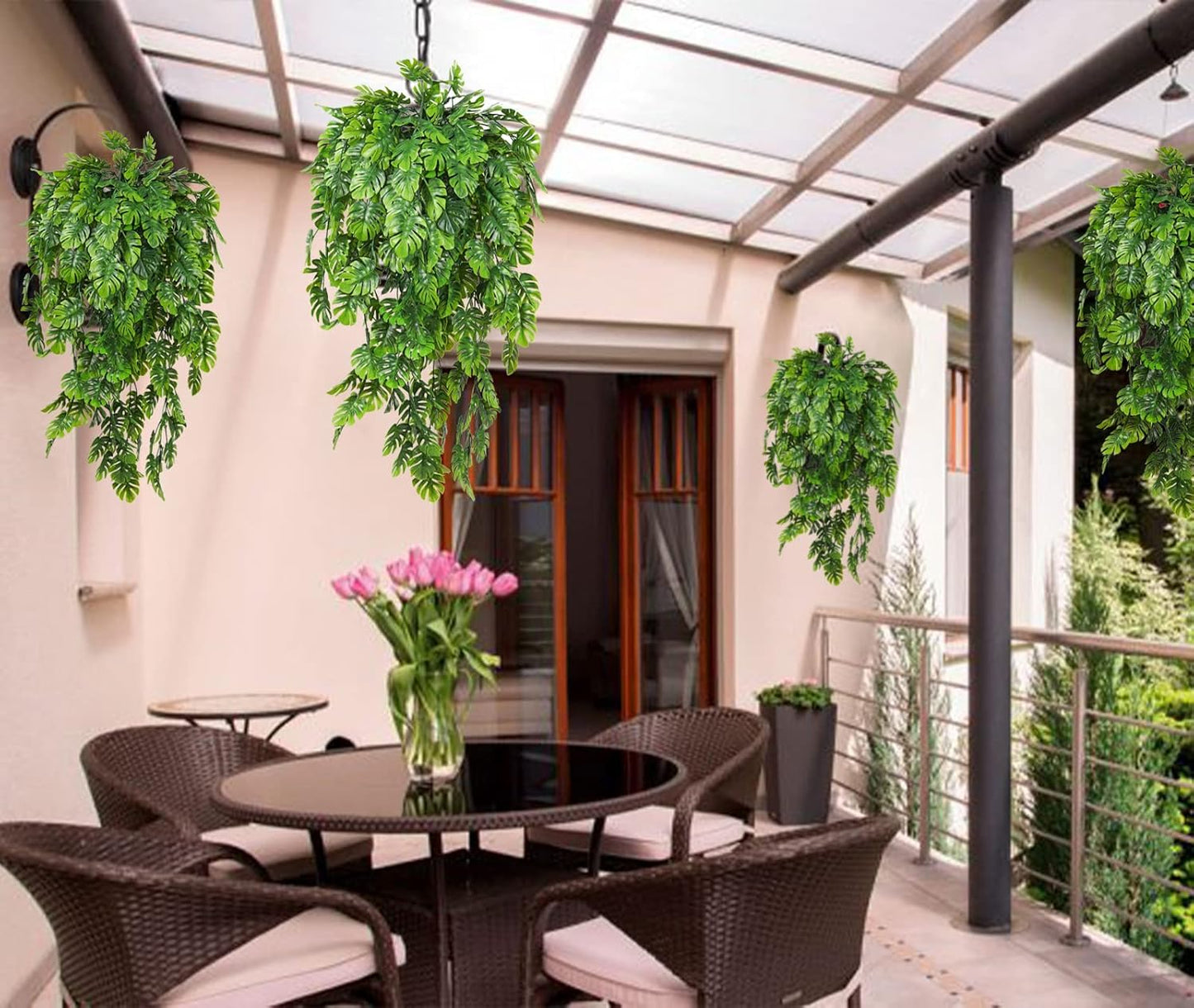 RECUTMS Artificial Hanging Plants 4Pcs, Fake Monstera Leaves Ivy Vine Faux Greenery UV Resistant Tropical Palm Leaf Swag Plant for Garden Home Jungle Hawaiian Luau Party Outdoor Indoor Spring Décor-VerdiqueGarden