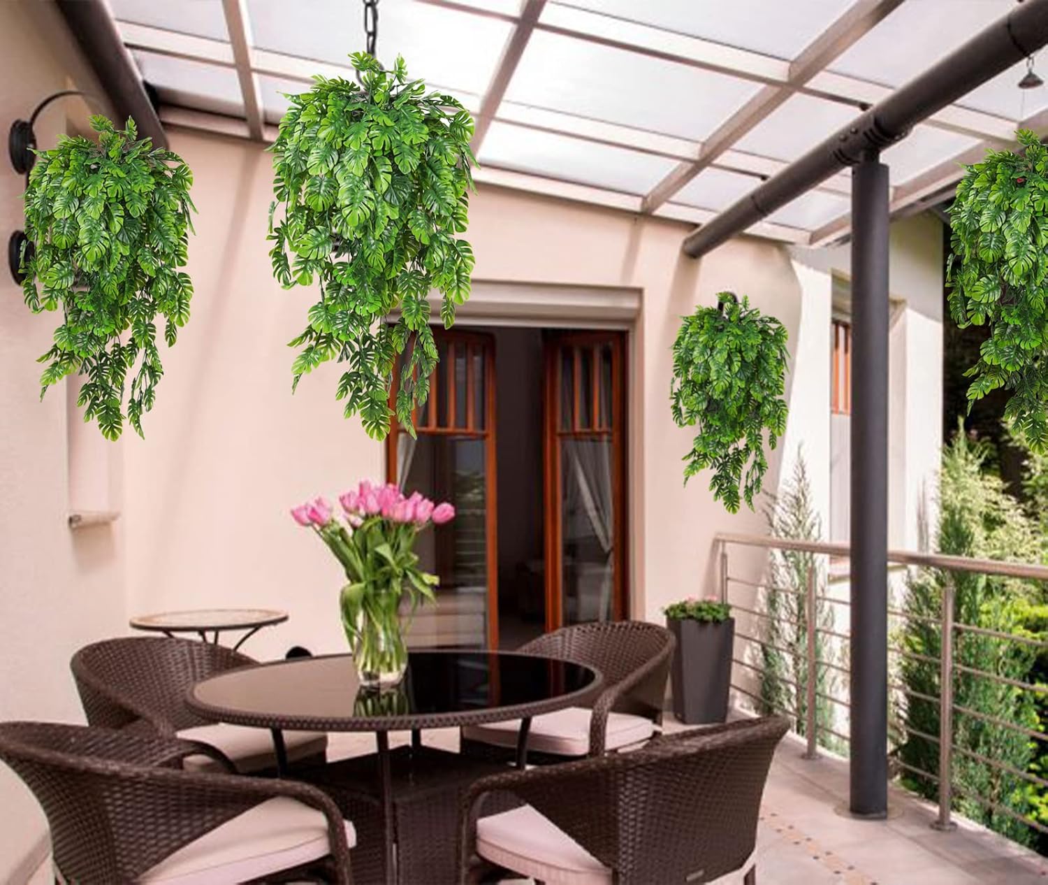 RECUTMS Artificial Hanging Plants 4Pcs, Fake Monstera Leaves Ivy Vine Faux Greenery UV Resistant Tropical Palm Leaf Swag Plant for Garden Home Jungle Hawaiian Luau Party Outdoor Indoor Spring Décor-VerdiqueGarden