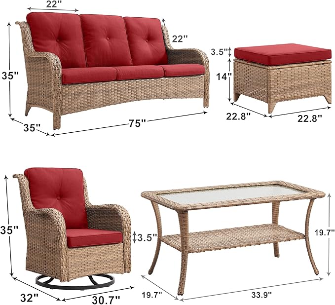 Outdoor Wicker Patio Furniture Set - 6 Piece Rattan Patio Conversation Set with 2 Rocking Swivel Chairs,2 Ottomans,1 Sofa and 1 Coffee Table for Porch Deck Backyard Garden(Yellow/Red)-VerdiqueGarden