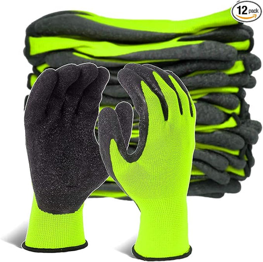 Evridwear Crinkle Latex Rubber Hand Coated Safety Work Gloves for Men Women General Multi Use Construction Warehouse Gardening Assembly Landscaping (9/L, Green- 12Pair)-VerdiqueGarden