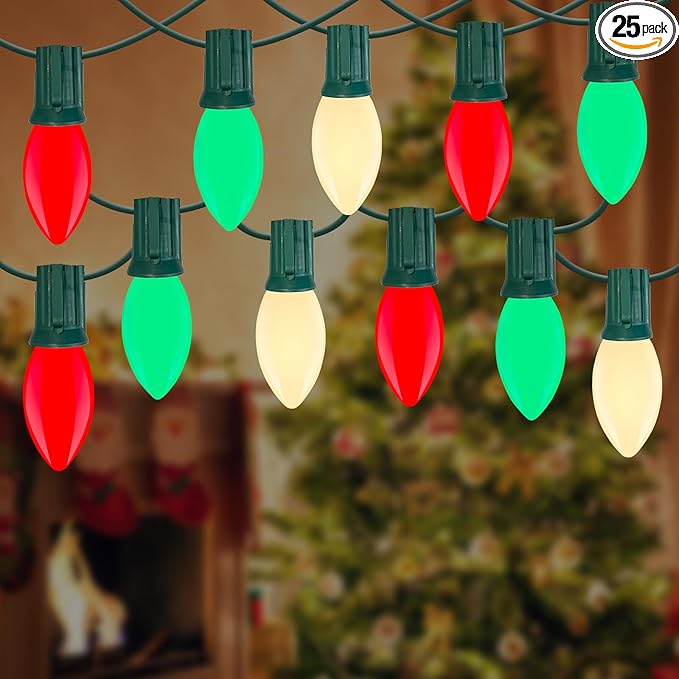 Red Green White LED Christmas Lights, 25FT Waterproof C9 Multicolor Outdoor With 26 Shatterproof Bulbs, Commercial Hanging for Roof Patio Balcony Party Xmas Decor-VerdiqueGarden
