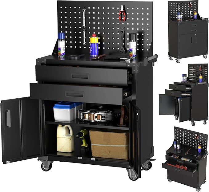 Tool Chest, Tool Cart with 2 Drawer and Lockable Doors, Garage Storage Cabinet with Wheels, Pegboard and 4 Hooks for Garage, Workshop, Metal Tool Storage Cart-VerdiqueGarden