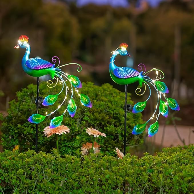 DREAMSOUL 2 Pack Peacock Solar Lights Outdoor Waterproof, Metal Outdoor Solar Lights for Yard Garden Peacock Decor-VerdiqueGarden
