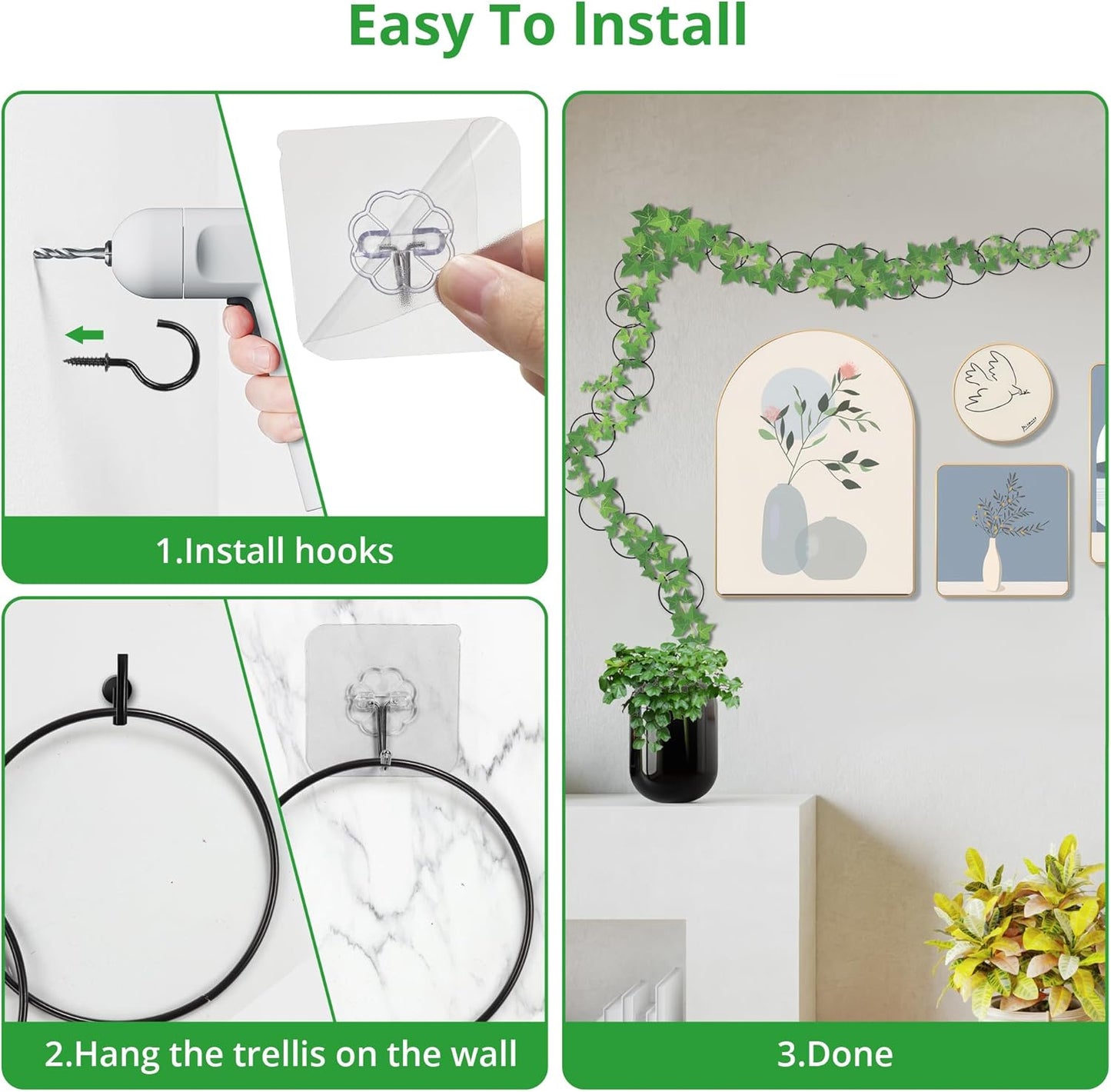 24 Pcs Chain Trellis for Climbing Plants, 120 Inch Long Metal Plant Trellis Indoor Outdoor, Garden Wall Vine Support Trellis, Plant Accessories for Ivy, Peonies, Circle Design Black-VerdiqueGarden