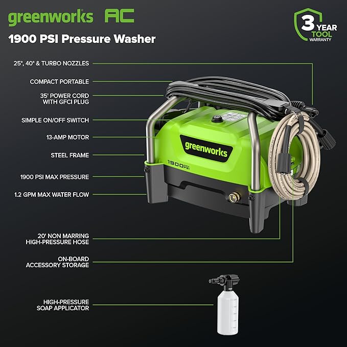 Greenworks 1900 PSI (SGS Certified) 1.2 GPM 13Amp Portable Compact Electric Pressure Washer, Power Washer for Cars, Driveways, Patios, Patio Furniture & Around Pools-VerdiqueGarden