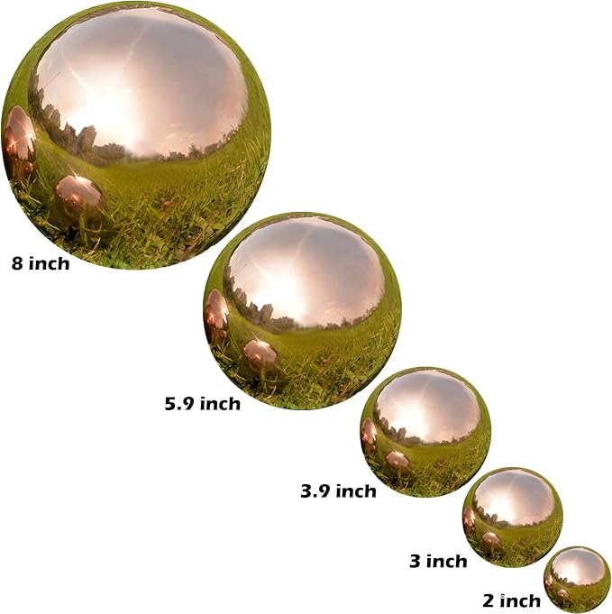 Nerien Gazing Ball, Stainless Steel Garden Mirror Globe, Polished Ornament Sphere, Hollow Floating Reflective Hemisphere, for Home Outdoor Pond Housewarming Swimming Pool Decoration, Rose Gold, 8Pcs-VerdiqueGarden