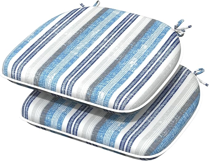 Indoor/Outdoor Chair Cushions 16x17 Inch, Patio Chair Cushions with Ties, All Weather Seat Cushions for Patio Furniture Home Garden Chair Use, Set of 2, Stripe Layered Blue-VerdiqueGarden