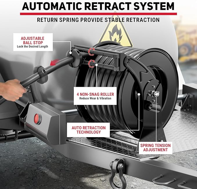 Retractable Fuel Hose Reel 1" x 50' with Fueling Nozzle, 300 PSI Heavy Duty Steel Construction Industrial Auto Swivel Spring Driven Diesel Hose Reel for Aircraft Ship Vehicle Tank Truck, Black-VerdiqueGarden