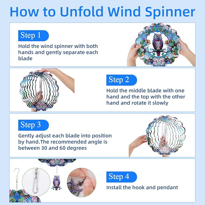 Wind Spinners Outdoor, FACIACC Owl Metal 3D Hanging Garden Decor, 12-inch Stainless Steel Wind Spinner with Tail Spinner, Wind Sculptures for Indoor Patio Lawn Yard, Ornament Gift for Women/Men-VerdiqueGarden