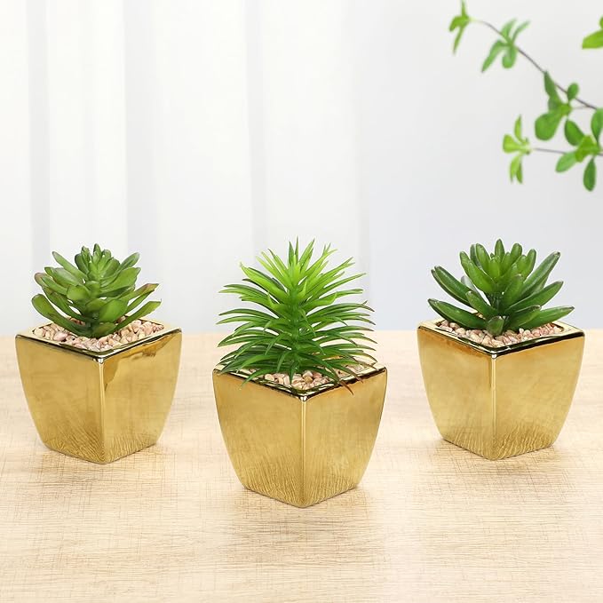 Hollyone Small Succulents Artificial 3 Pcs Faux Succulents with Gold Pots Mini Fake Succulent Plants Indoor Plant Ceramic Pots for Modern Office Desk Bathroom Shelf Living Room Home Decor-VerdiqueGarden