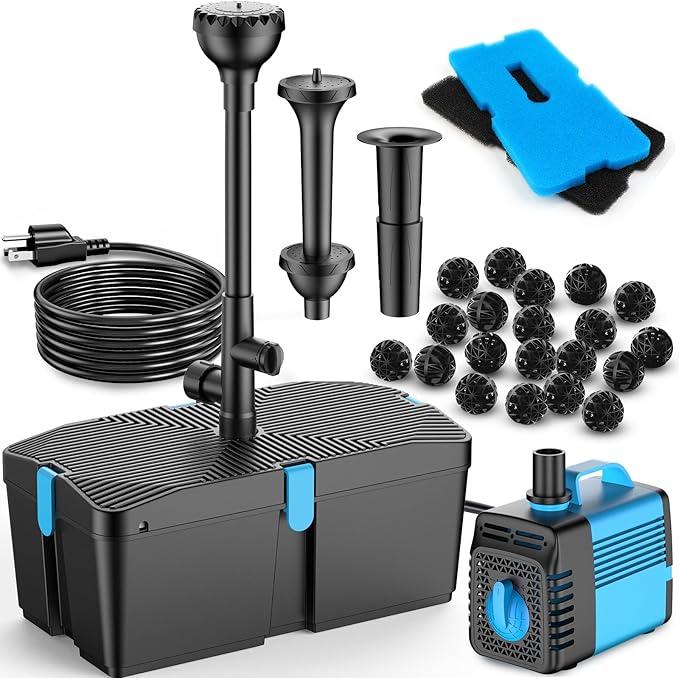 Pond Filter with Fountain Pump Kits, 660GPH Pond Pump and Filter Kit with 50W Submersible Water Pump, Pond Filters for Outdoor Ponds Clean Koi Pond Filter-VerdiqueGarden