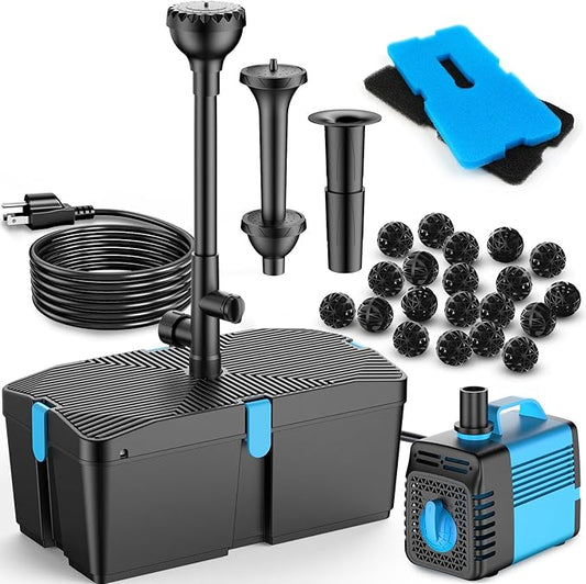 Pond Filter with Fountain Pump Kits, 660GPH Pond Pump and Filter Kit with 50W Submersible Water Pump, Pond Filters for Outdoor Ponds Clean Koi Pond Filter-VerdiqueGarden