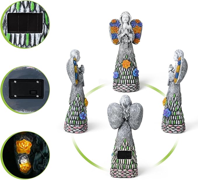 Yiosax-Garden Angels Outdoor Statue-Solar Lights Decor - Solar Angels for Cemetery Grave Cross Praying Succulent Wings Remembrance Angel Figurine Lawn Yard Decorations, White, Yiosax-Angel04-VerdiqueGarden