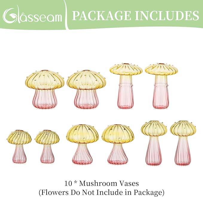 Glasseam Mushroom Plant Propagation Stations: Colored Glass Terrarium Jar Set of 10 Cute Planters for Indoor Plants Mini Propagate Station Unique Christmas Birthday Gifts for Women Home Office Decor-VerdiqueGarden