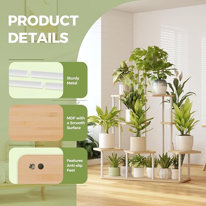 Bamworld Large Plant Stand Indoor, 9 Tier Tall Metal Plant Shelf for Multiple Plants, Tiered Flower Stand for Patio Garden Balcony Living Room Bedroom(White)-VerdiqueGarden