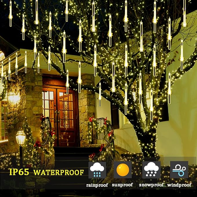 Christmas Lights Outdoor, Meteor Shower Lights Falling Star Lights 16 inch 8 Tubes 256 LED Icicle Snow Falling Lights Raindrop Lights for Xmas Tree Holiday Party Decoration, UL Plug, Warm White-VerdiqueGarden