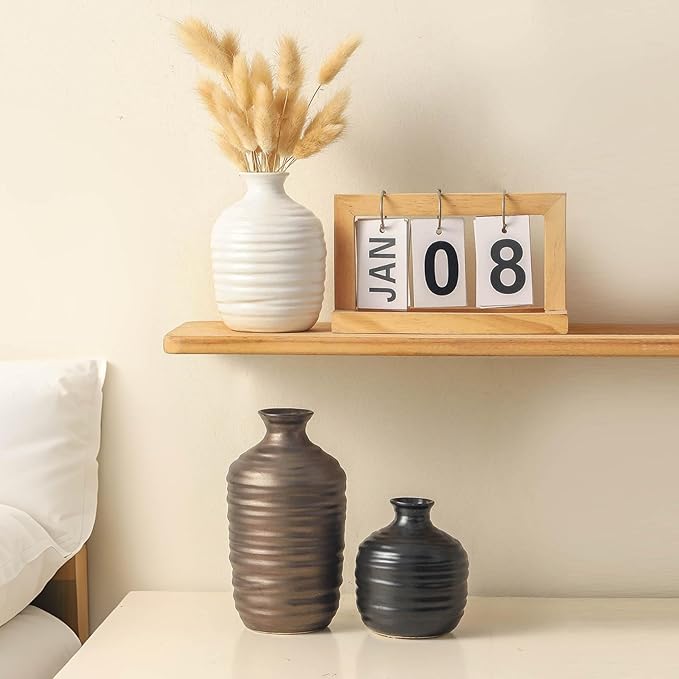 Ceramic Vase Set of 3 Decorative Vase for Home Decor Modern Farmhouse Decor Pottery Neutral Vases for Living Room Bathroom Table Mantel Fireplace Entryway Shelf (02-Metallic)-VerdiqueGarden