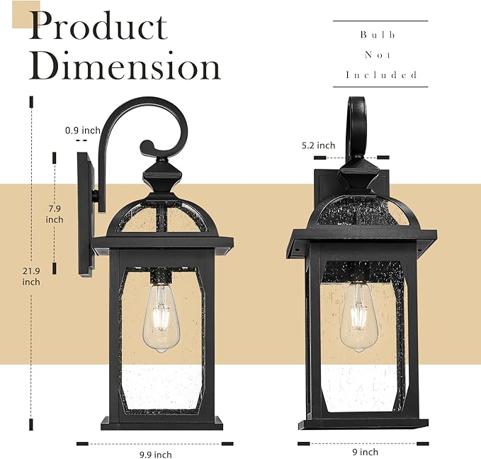 zeyu 22 Inch Outdoor Wall Light Sconce, Large Exterior Wall Light Fixture for House Porch, Die-Cast Aluminum with Seeded Glass, Black Finish, ZD100B-M BK-VerdiqueGarden